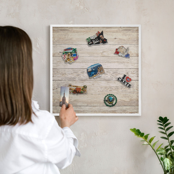 Tablero magnético metálico para souvenirs en color blanco Textura de madera