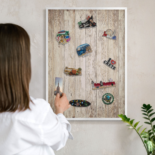Tablero magnético metálico para souvenirs en color blanco Textura de madera