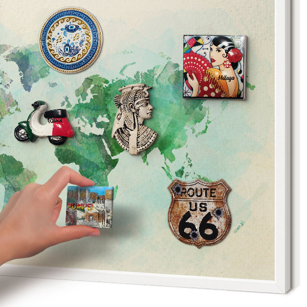 Tablero magnético de pared para imanes con marco blanco Mapa del mundo