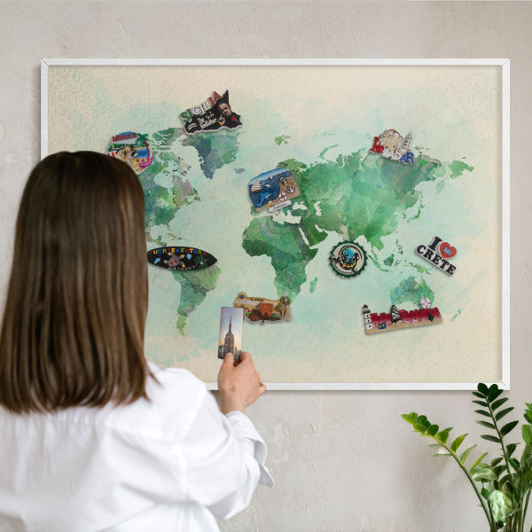Tablero magnético de pared para imanes con marco blanco Mapa del mundo