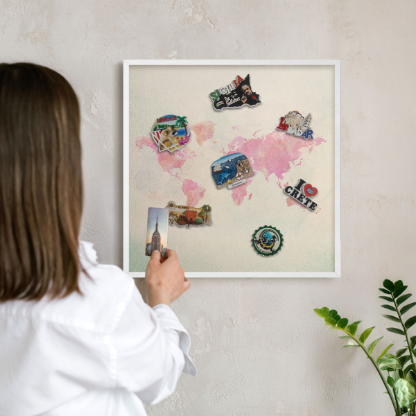 Tablero magnético metálico para souvenirs en color blanco Mapa del mundo