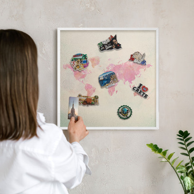 Tablero magnético metálico para souvenirs en color blanco Mapa del mundo