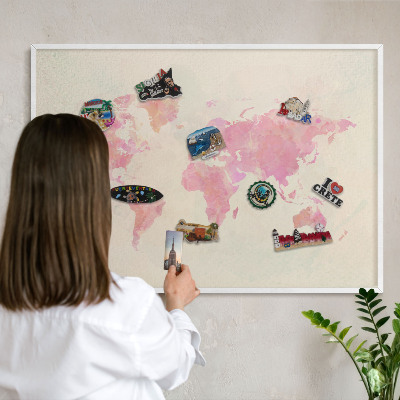 Tablero magnético metálico para souvenirs en color blanco Mapa del mundo