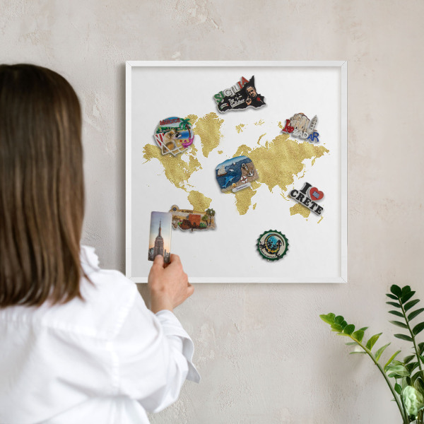 Tablero magnético de pared para imanes con marco blanco Mapa del mundo