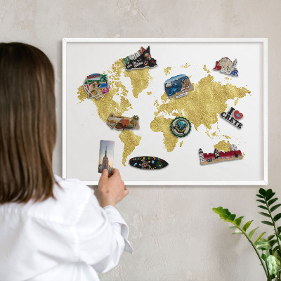 Tablero magnético de pared para imanes con marco blanco Mapa del mundo