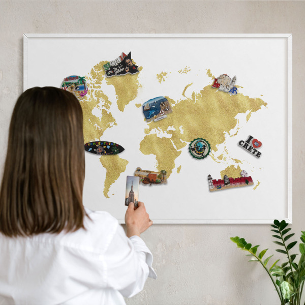 Tablero magnético de pared para imanes con marco blanco Mapa del mundo