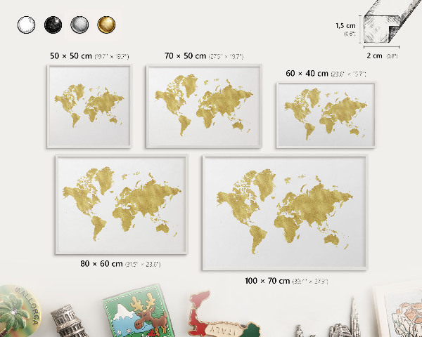 Tablero magnético de pared para imanes con marco blanco Mapa del mundo