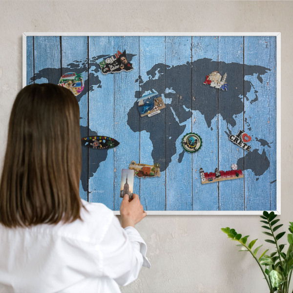 Tablero magnético metálico para souvenirs en color blanco Mapa del mundo