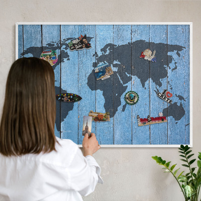 Tablero magnético metálico para souvenirs en color blanco Mapa del mundo