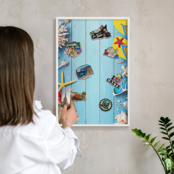 Tablero magnético de pared para imanes con marco blanco Playa de vacaciones