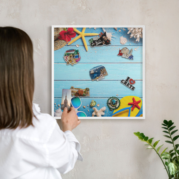 Tablero magnético de pared para imanes con marco blanco Playa de vacaciones