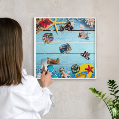 Tablero magnético de pared para imanes con marco blanco Playa de vacaciones