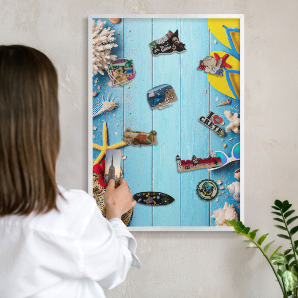 Tablero magnético de pared para imanes con marco blanco Playa de vacaciones