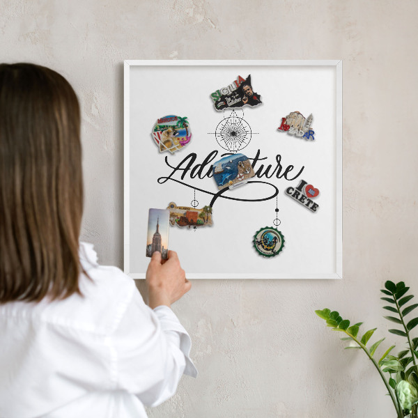 Tablero magnético metálico para souvenirs en color blanco Aventura tipográfica