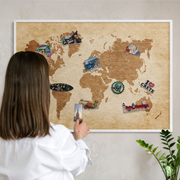 Tablero magnético de pared para imanes con marco blanco Mapa antiguo
