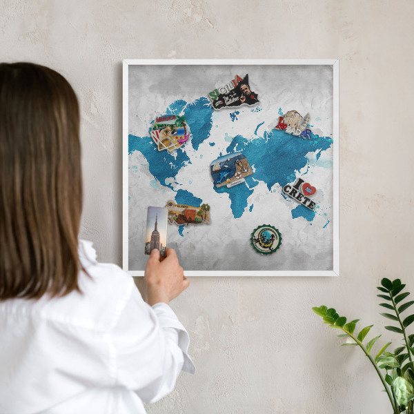 Tablero magnético metálico para souvenirs en color blanco Mapa de acuarela