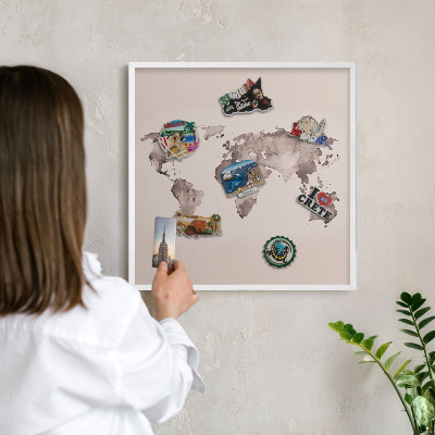 Tablero magnético de pared para imanes con marco blanco Mapa del mundo