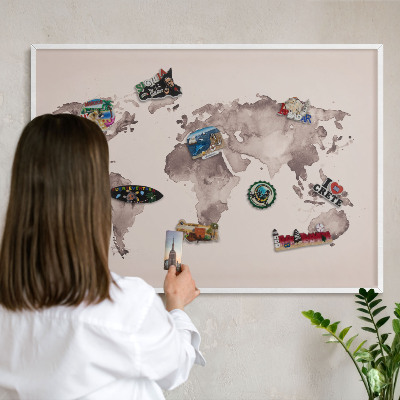 Tablero magnético de pared para imanes con marco blanco Mapa del mundo