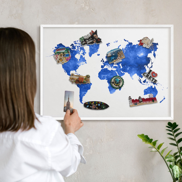 Tablero magnético de pared para imanes con marco blanco Mapa del mundo