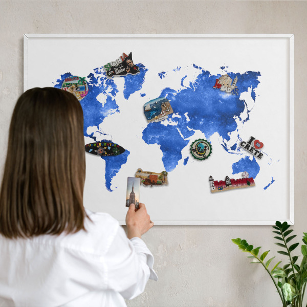 Tablero magnético de pared para imanes con marco blanco Mapa del mundo