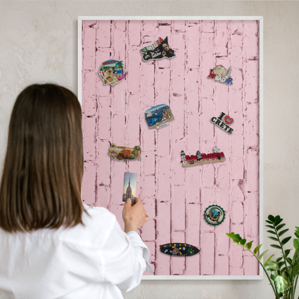 Tablero magnético de pared para imanes con marco blanco Ladrillo rosa