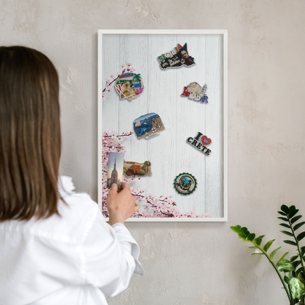 Tablero magnético metálico para souvenirs en color blanco Elegancia floreciente