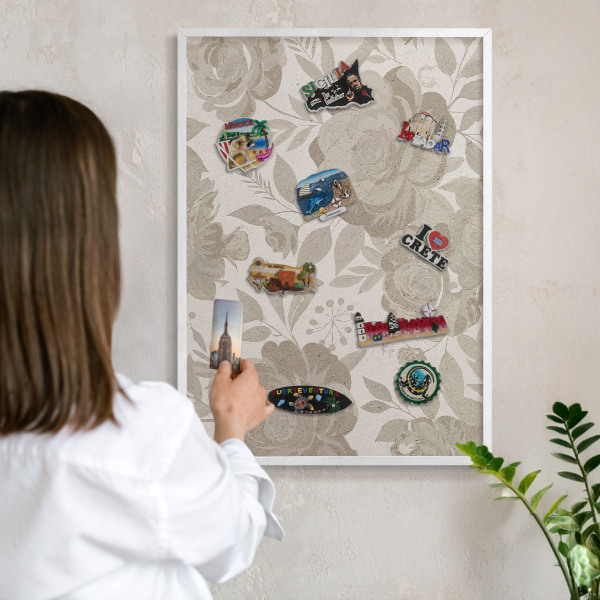 Tablero magnético metálico para souvenirs en color blanco Flores antiguas