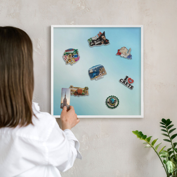Tablero magnético metálico para souvenirs en color blanco Cielo azul