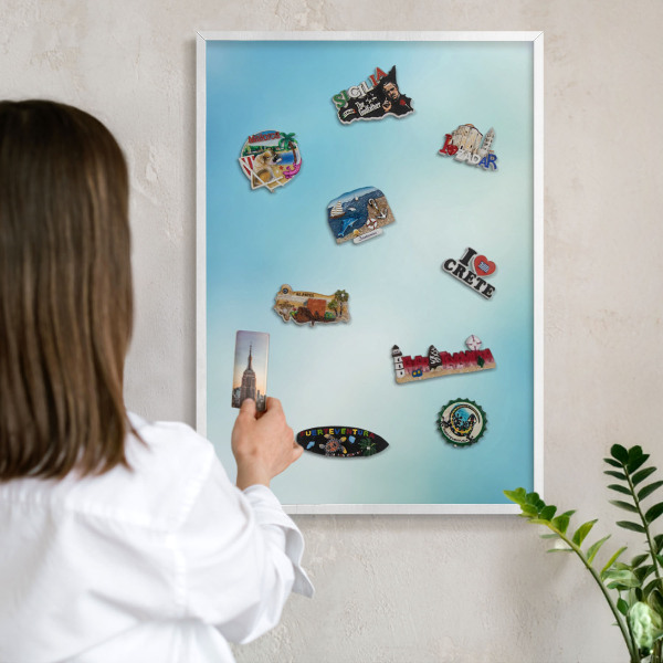 Tablero magnético metálico para souvenirs en color blanco Cielo azul