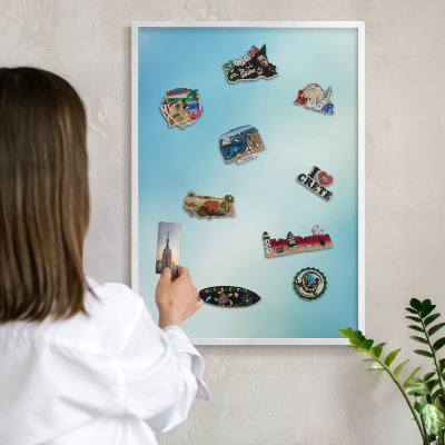 Tablero magnético metálico para souvenirs en color blanco Cielo azul