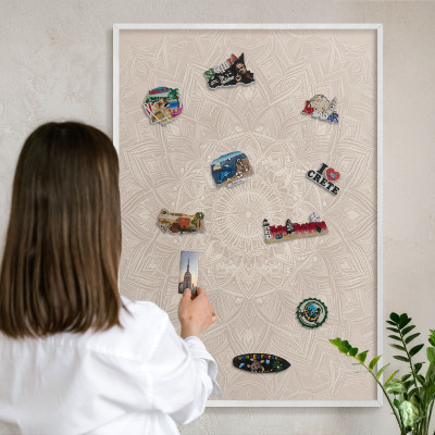 Tablero magnético de pared para imanes con marco blanco Mandala decorativo