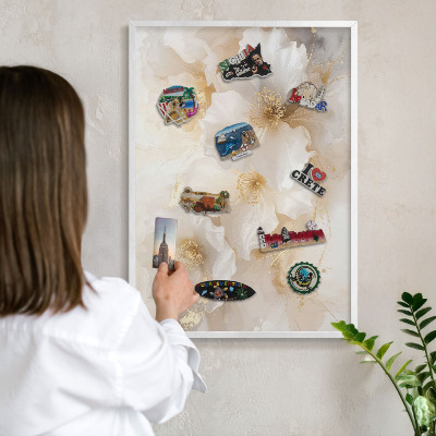Tablero magnético de pared para imanes con marco blanco Flores en tonos pastel