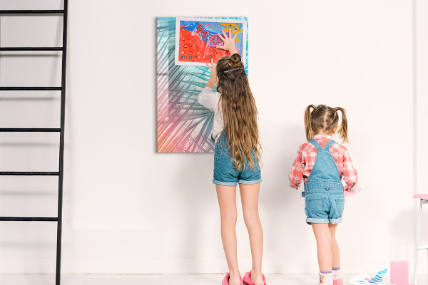 Pizarra borrable de cristal con imanes Fondo con palmeras y fotos para fijar.