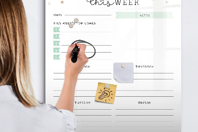 Pizarra borrable de cristal con imanes Planificador semanal con espacio para notas.