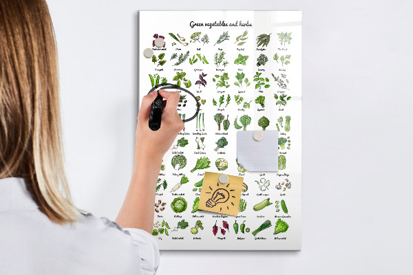 Pizarra borrable de cristal con imanes Verduras y hierbas verdes en imágenes