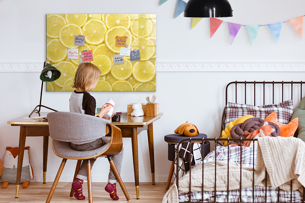 Pizarra magnética de pared con rotulador Motivo de limón con fotos y accesorios