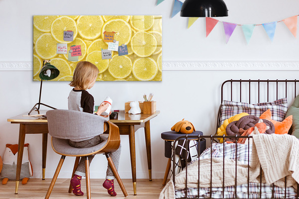 Pizarra magnética de pared con rotulador Motivo de limón con fotos y accesorios