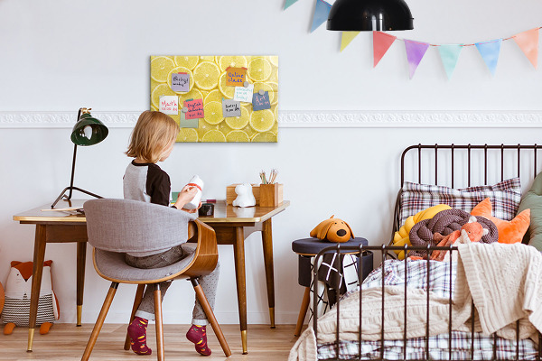 Pizarra magnética de pared con rotulador Motivo de limón con fotos y accesorios