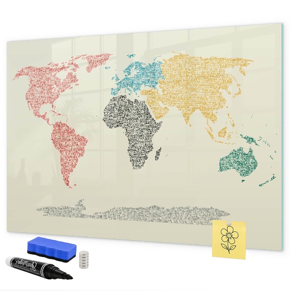 Pizarra borrable de cristal con imanes Mapa del mundo con lugares y fotos
