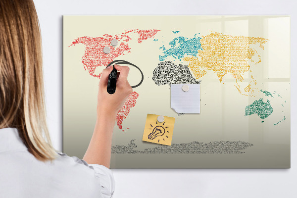 Pizarra borrable de cristal con imanes Mapa del mundo con lugares y fotos