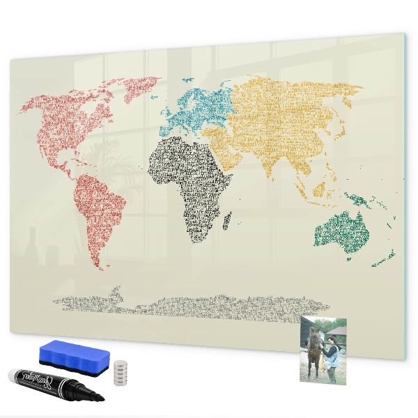 Pizarra borrable de cristal con imanes Mapa del mundo con lugares y fotos