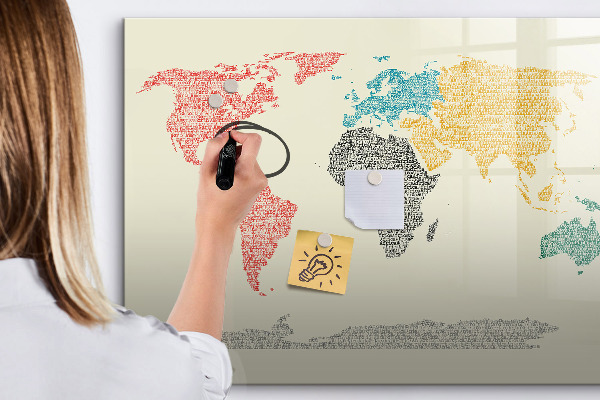 Pizarra borrable de cristal con imanes Mapa del mundo con lugares y fotos