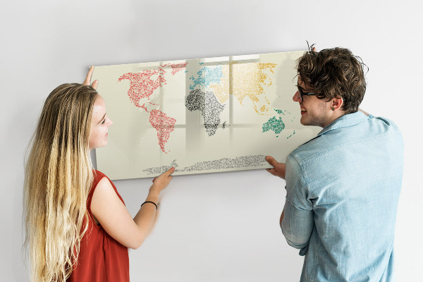 Pizarra borrable de cristal con imanes Mapa del mundo con lugares y fotos