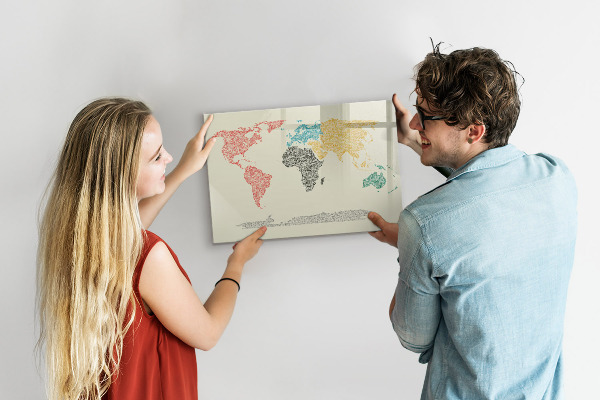 Pizarra borrable de cristal con imanes Mapa del mundo con lugares y fotos