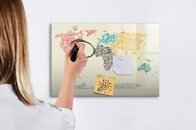 Pizarra borrable de cristal con imanes Mapa del mundo con lugares y fotos
