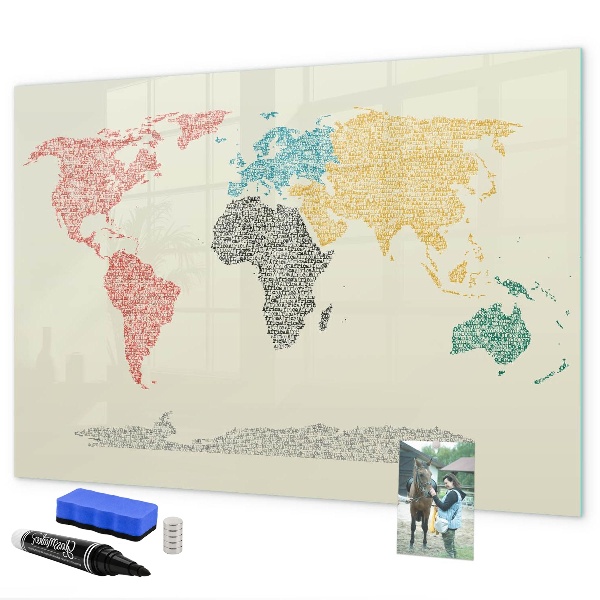 Pizarra borrable de cristal con imanes Mapa del mundo con lugares y fotos