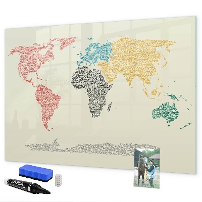 Pizarra borrable de cristal con imanes Mapa del mundo con lugares y fotos