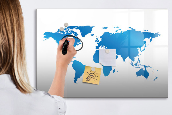 Pizarra borrable de cristal con imanes Mapa del mundo con ubicaciones de fotos
