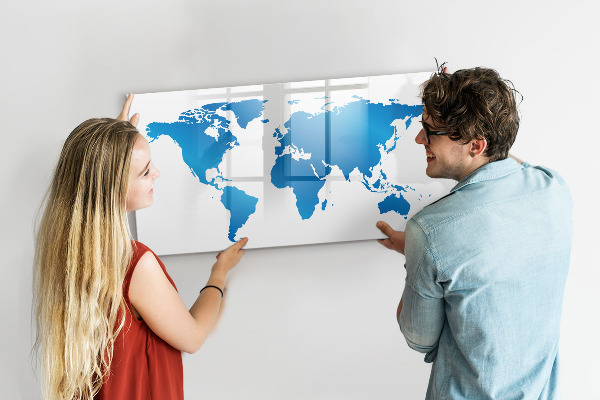Pizarra borrable de cristal con imanes Mapa del mundo con ubicaciones de fotos