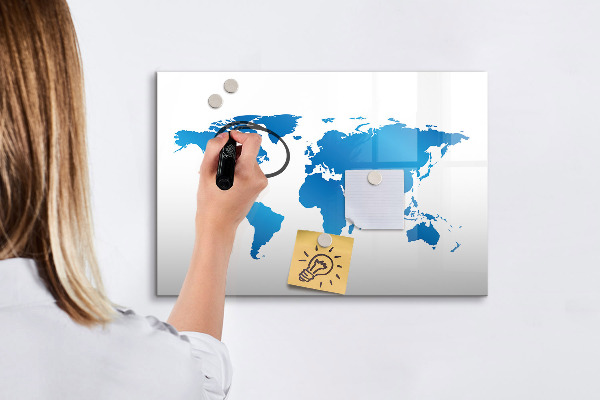 Pizarra borrable de cristal con imanes Mapa del mundo con ubicaciones de fotos